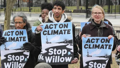 Getty Images Climate activists gather to protest the Willow Project in front of the White House on January 10, 2023