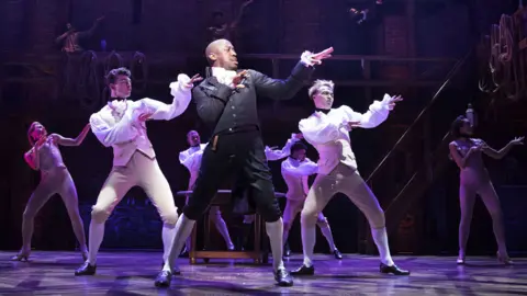 Matthew Murphy Giles Terera (centre) as Aaron Burr in Hamilton