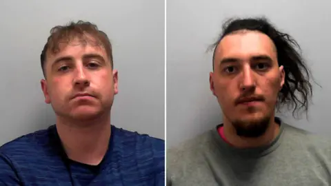 North Yorkshire Police Two custody pictures shown side by side. On the left, a person with short, light brown hair wearing a blue shirt. On the right, a person with longer, dark hair shaved on one side, wearing a grey shirt. Both are photographed against a plain, light background.