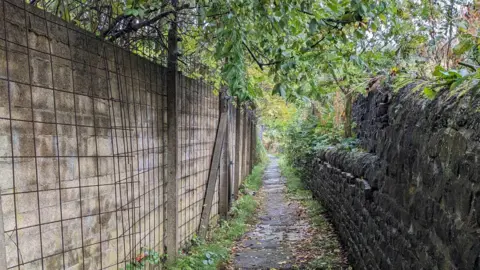 AIRE RIVERS TRUST A leaf-coverage footpath with uneven patches of crumbling tarmac with a stone wall on one side and a concrete sectioned wall on the other with overgrown green foliage overhead. 