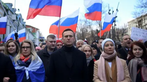 Getty Images Alexei Navalny and Yulia at a march held in the in memory of killed Kremlin critic Boris Nemtsov in Moscow on 29 February 2020