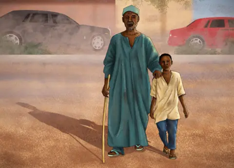 BBC Illustration showing Samuel Abdulraheem as a boy guiding a blind beggar