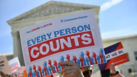 MANDEL NGAN/AFP/Getty Images Demonstrators rally at the US Supreme Court in Washington, DC, on April 23, 2019, to protest a proposal to add a citizenship question in the 2020 Census.