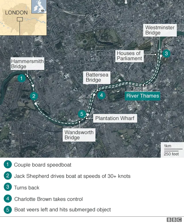 Map of the River Thames showing where the couple boarded the boat and where it crashed