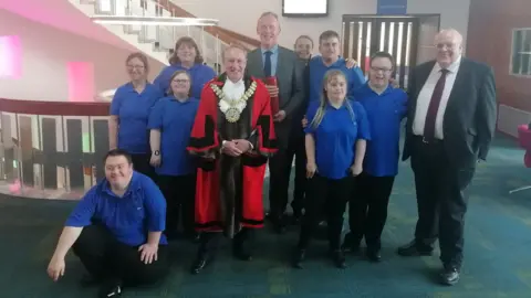 Local Democracy Reporting Service David Stanley with his Music Man Project musicians and Southend Mayor Stephen Habermel