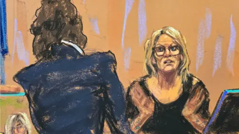 Jane Rosenberg Courtroom sketch of Stormy Daniels taking the stand in Donald Trump's hush-money trial