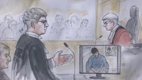 Helen Tipper Sketch at Newcastle Crown Court of prosecutor Tony Badenoch QC with the defendant Carl Beech seen on screen during an interview he gave to police in 2014