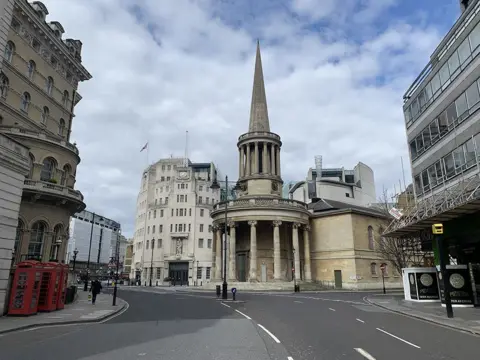 Sophie Raworth BBC Broadcasting House behind All Souls Langham Place Church