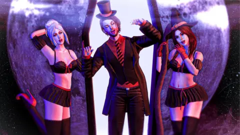 Linden Lab Second Life promo of man with women in seductive clothing