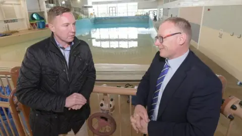 North Yorkshire Council Flamingo Land's owner Gordon Gibb and North Yorkshire Council's deputy leader Gareth Dadd (right) made the announcement at the Alpamare site