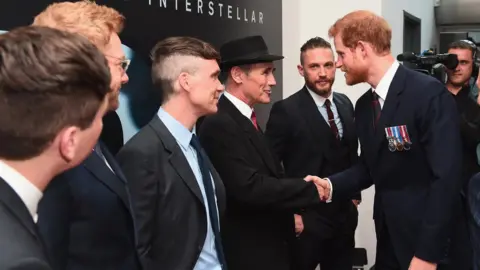 Getty Images Prince Harry (second right) and actors (L-R) Barry Keoghan, Sir Kenneth Branagh, Cillian Murphy, Mark Rylance and Tom Hardy