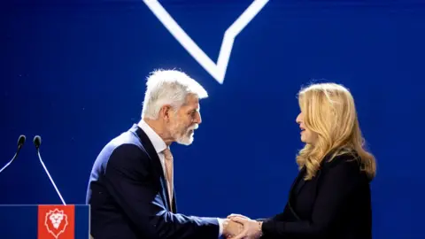 MARTIN DIVISEK/EPA-EFE/REX/Shutterstock Ms Caputova met Mr Pavel soon after the announcement of the preliminary results on Saturday