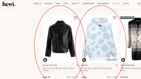 Hardly Ever Worn It A screengrab of a web page shows the HEWI logo and two items of clothing circled in red with prices below them.