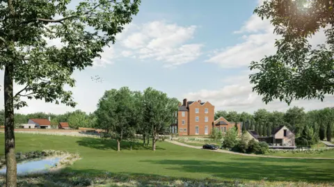 Clear Architects An artist's impression of a large house surrounded by a large green lawn and trees, there are other buildings scattered around the rolling hills
