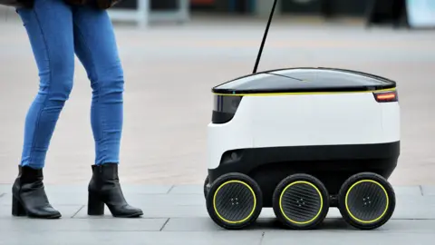 PA A Starship Technologies' self-driving delivery robot during the launch of its UK trials, at their office on the Greenwich Peninsula, south London.