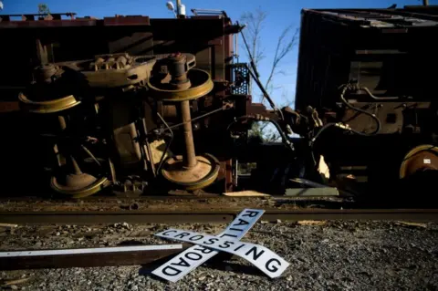 Getty Images A train in Panama City, Florida was flipped onto its side