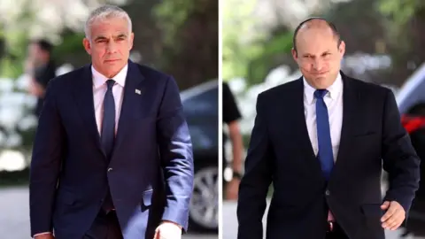 EPA Leader of the Yemina party, Naftali Bennett (R) and leader of the Yessh Atid party, Yair Lapid (L)