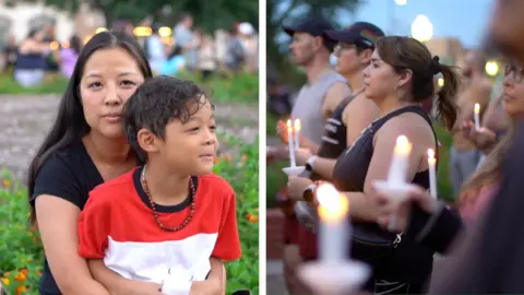 Split screen showing a mother with her son sitting on her lap and a group of people holding lit candles.