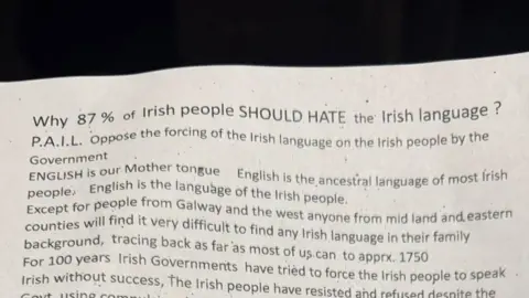 An image of one of the flyers placed on cars outside a Belfast pub with the words "English is our mother tongue" and  most Irish people "should hate the Irish language".