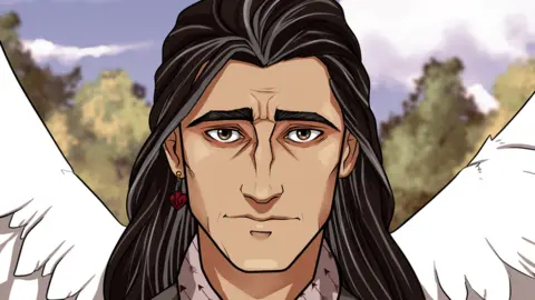 Rafif Kalantan A cartoon drawing of a handsome man with long, dark hair staring into the camera with intense, brown eyes. His expression is flat, as if sad or unimpressed by what he sees before him. At either side of him we can see the feathered edges of white, angelic wings.