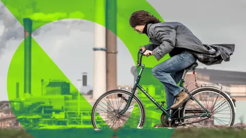 BBC Promotional image with person cycling, a power station in background, and green semicircle