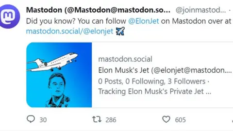 A screenshot of a tweet from the joinmastodon account, reads: "Did you know? You can follow @ElonJet on Mastodon".