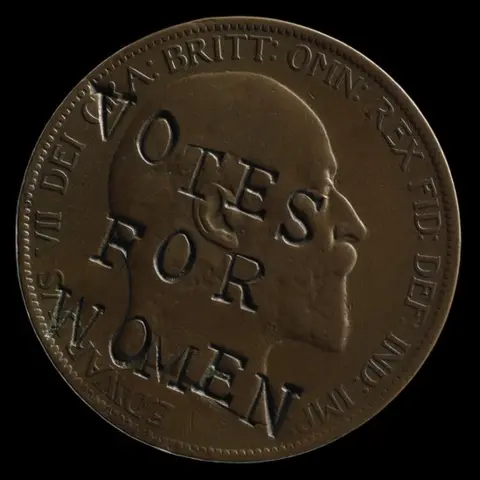 Crown copyright A defaced ‘Votes for Women’ coin in the collection of the British Museum