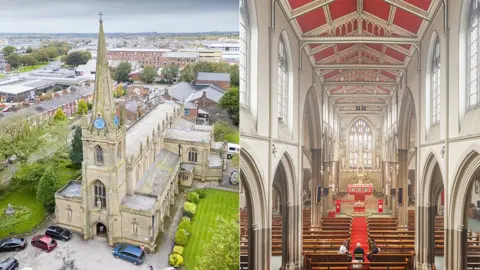 Historic England Aerial image of St. Alphonsa Of The Immaculate Conception Cathedral (left) with internal view of the church (right)