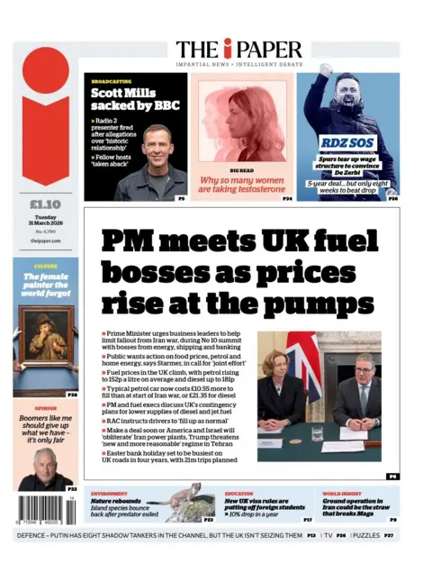 The headline on the front page of the i Paper reads: “PM meets UK fuel bosses as prices rise at the pumps”.