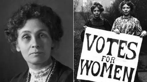 Getty/Oldham Council Composite image of Emmeline Pankhurst and of Annie Kenney and Christabel Pankhurst holding up the Votes for Women sign