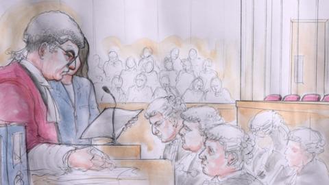 Courtroom sketch of judge and jury in Lucy Letby trial