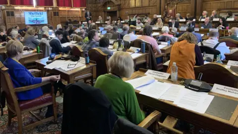 A group of councillors are sitting at desks in the council chamber of Sheffield town hall.