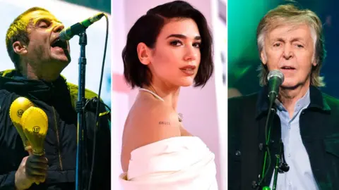 Getty Images Liam Gallagher, Dua Lipa and Sir Paul McCartney