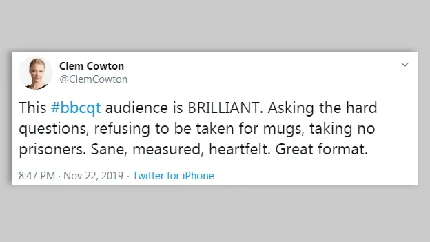 Twitter Tweet in response to Question Time Leaders Special