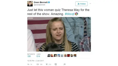 Twitter Owen Bennett: Just let this woman quiz Theresa May for the rest of the show. Amazing.