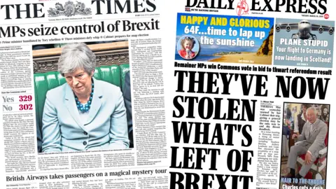 Composite image featuring the Times and Daily Express front pages