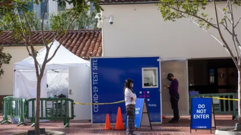 Getty Images A covid-19 Testing Center is set up in the yard of the Union Station, downtown L.A. where part of the Oscars Ceremony will take place Sunday, April 25, in Los Angeles, California, March 17, 2021