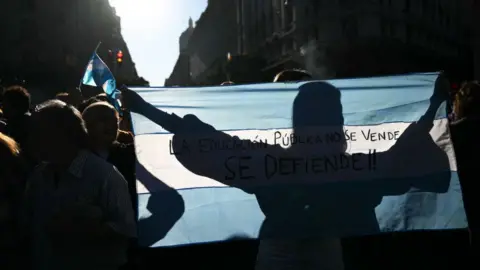 AFP A woman's silhouette is seen on an Argentinian flag during protests in Buenos Aires against university cuts.