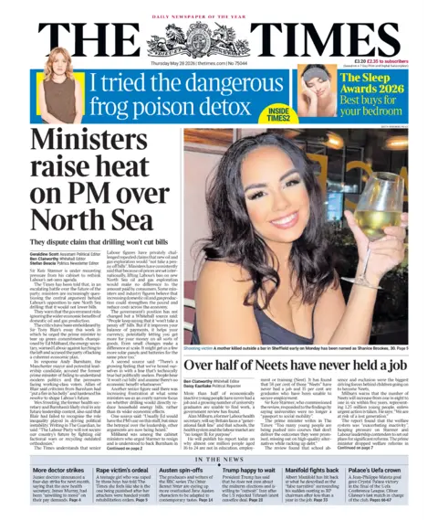 "Ministers raise heat on PM over North Sea" reads the headline on the front page of the Times.
