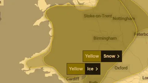 Met Office A met office map of wales shows two yellow warings, one for snow and one for ice, ententending from England across the border to cover almost all of the country. 