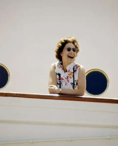 Lichfield via Getty Images Queen on board HMY Britannia in March 1972