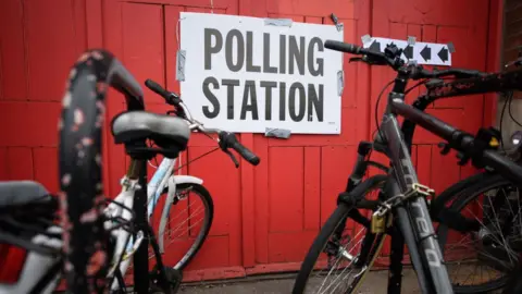 Bikes chained up outside a polling station