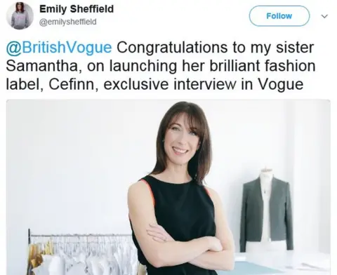 Twitter Emily Sheffield's tweet: Congratulations to my sister Samantha, on launching her brilliant fashion label, Cefinn, exclusive interview in Vogue