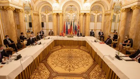 Reuters Iran's top nuclear negotiator Abbas Araqchi and Secretary General of the European External Action Service (EEAS) Helga Schmid attend a meeting of the JCPOA Joint Commission in Vienna, Austria (1 September 2020)