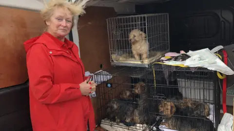 Photo of Eileen Jones with the rescued dogs in her van