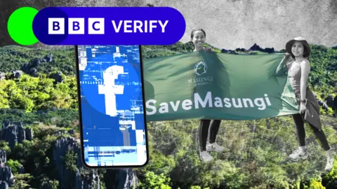 BBC A smartphone, showing a distorted Facebook look, is displayed against a backdrop of lush rainforest and limestone formations. Ann and Billie Dumaliang, who help run the Masungi Georeserve Foundation, can also be seen holding a banner saying "Save Masungi".