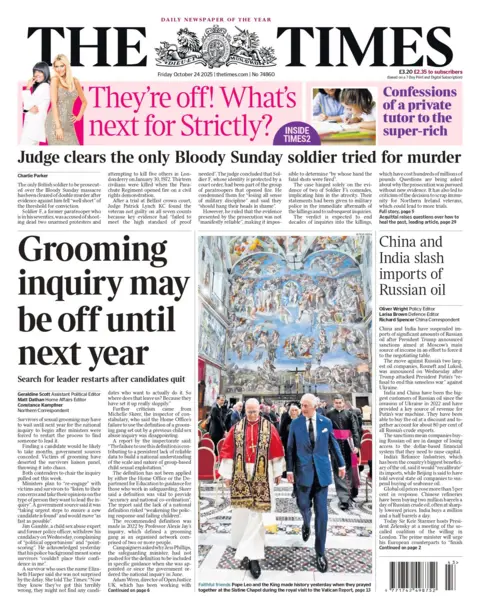 "Grooming inquiry may be off until next year", reads the headline on the front page of the Times.