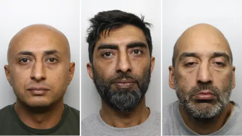 Three mugshots of the defendants.
Hussain has a bald head, while Chhibda has short dark hair and a full beard.
Wali has a bald head and facial hair.