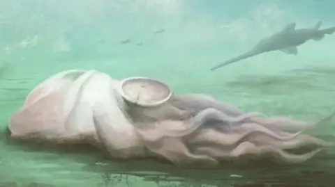 An artist's impression of a prehistoric deep sea creature, which is grey in colour, has numerous tentacles and is lying on the seabed. Prehistoric fish swim nearby