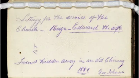 Fleur de Lis museum A note found with the books says "found hidden away in an old chimney 1881, Geo Johnson"